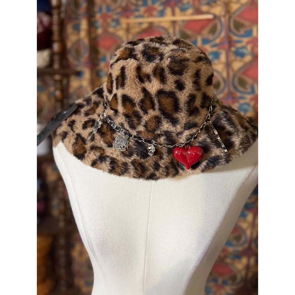 Ed Hardy Leopard Faux Fur Bucket Hat Red Heart Charm Chain Accent‎